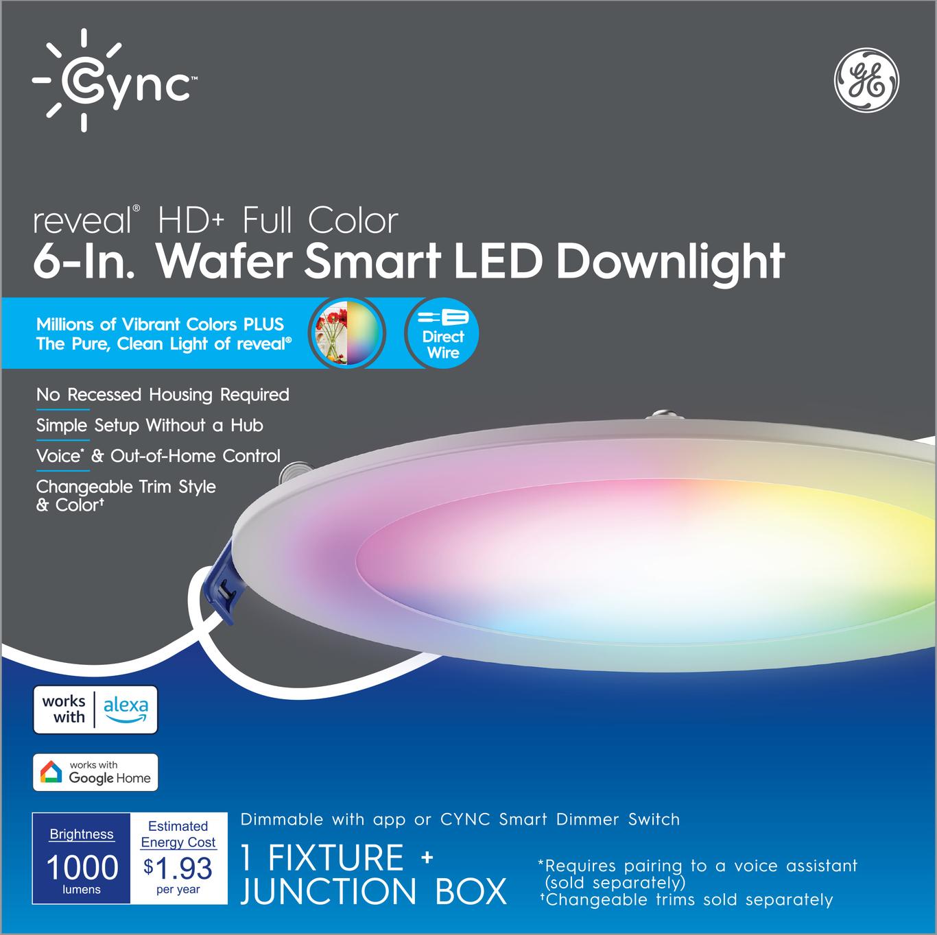 GE CYNC Reveal HD+ Full Color Smart LED Wafer, 6-Inch, Works With ...