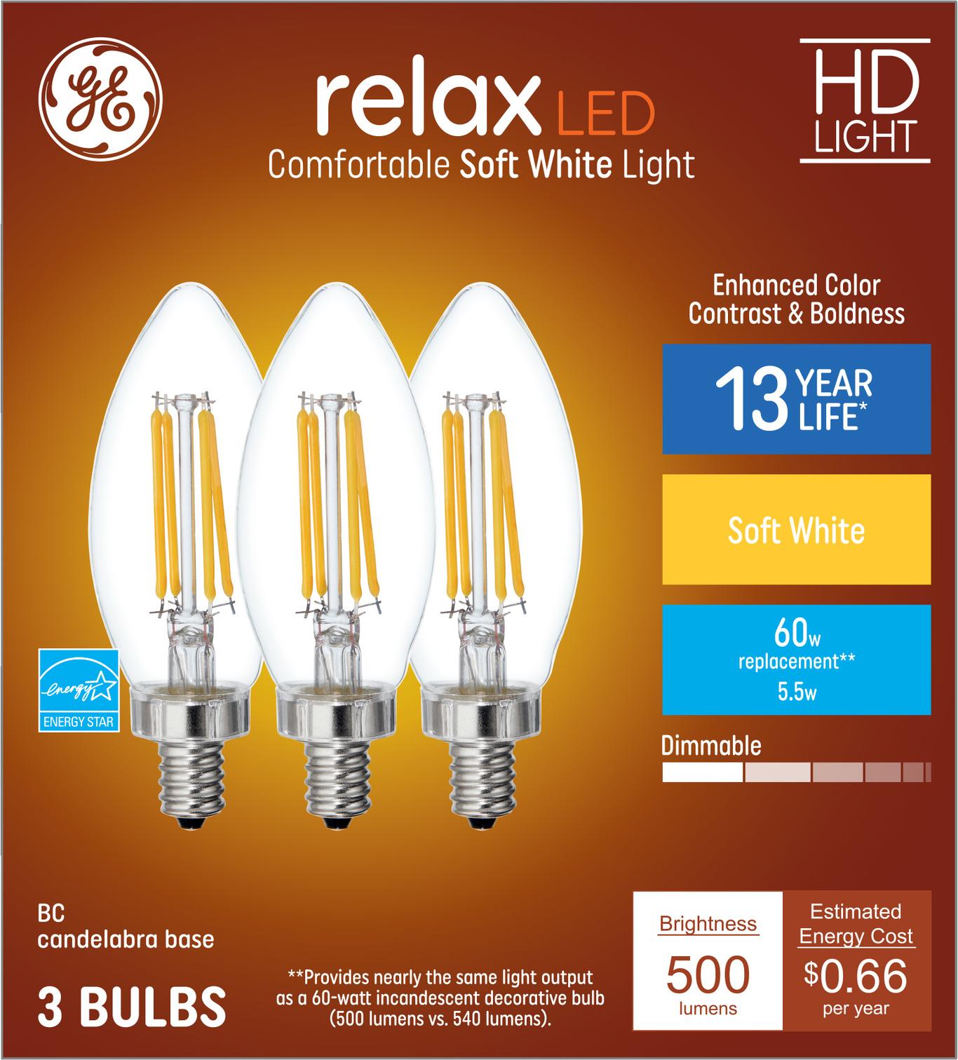 GE Relax HD LED 60 Watt Replacement, Soft White, B11 Deco - Candle ...