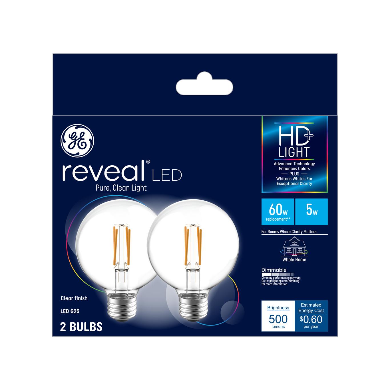 GE Reveal HD LED Light Bulbs | G25 Vanity Globe Bulbs (2-Pack)