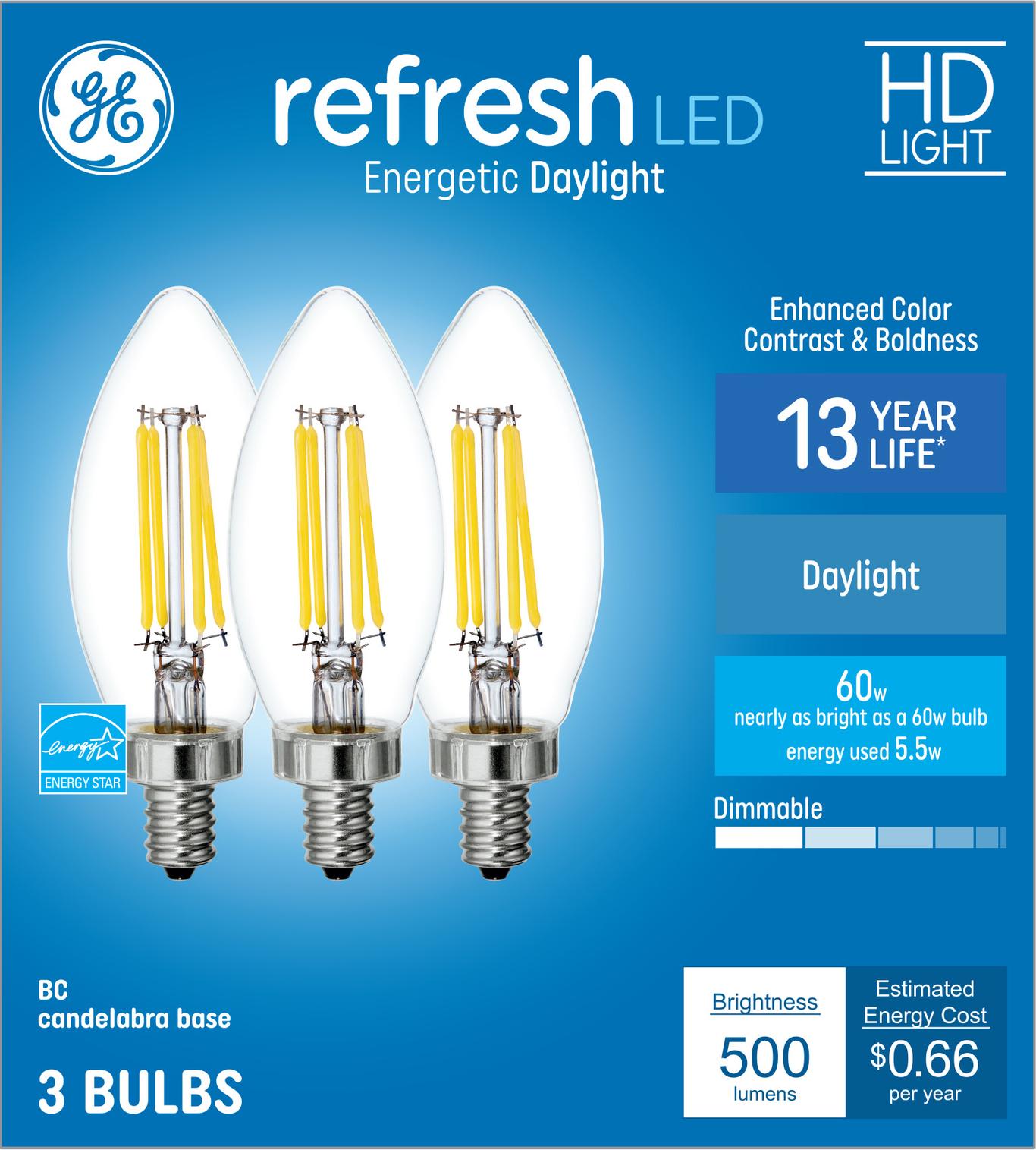 GE Refresh HD LED 60 Watt Replacement, Daylight, B11 Deco - Candle ...