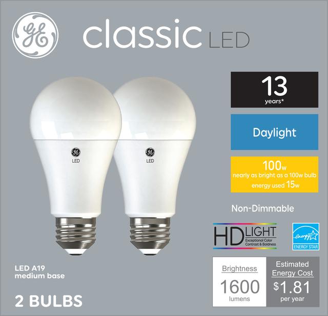 GE Classic LED 100 Watt Replacement, Daylight, A19 General Purpose Bulbs (2 Pack)