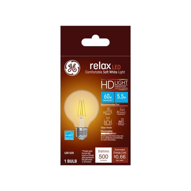 GE Relax HD LED 60 Watt Replacement, Soft White, G25 Vanity - Globe Bulb (1 Pack)