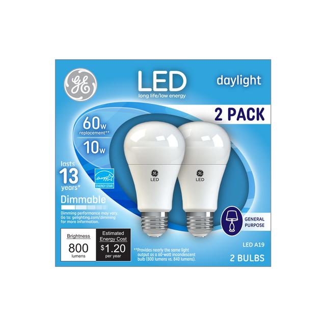 GE Classic LED 60 Watt Replacement, Daylight, A19 General Purpose Bulbs (2 Pack)