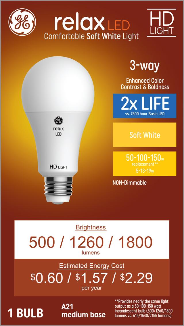 GE Relax HD LED 150 100 50 Watt Replacement Soft White A21 3 Way