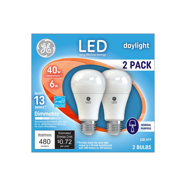 GE Classic LED 40 Watt Replacement, Daylight, A19 General Purpose Bulbs (2 Pack)