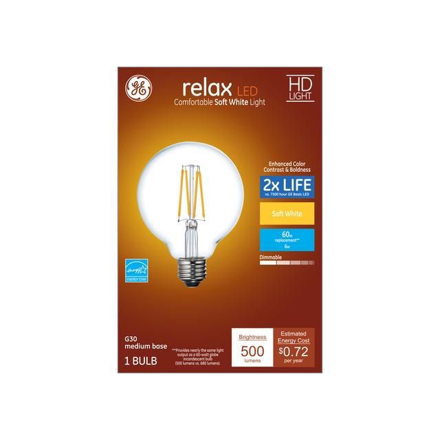 GE Relax Remplacement du watt LED HD 60 , blanc doux, G30 meuble-lavabo - (1 Globe Bulb Pack)