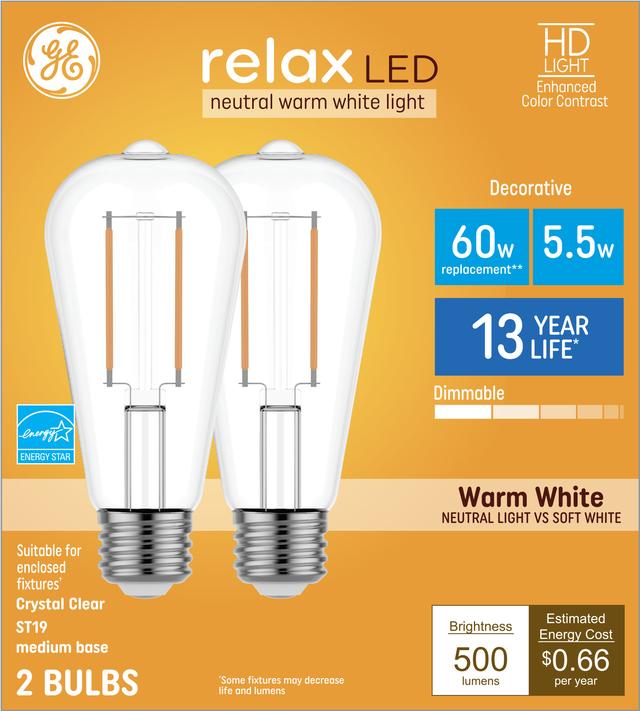 GE Relax HD LED 60 Watt Replacement Warm White ST19 Edison Bulbs