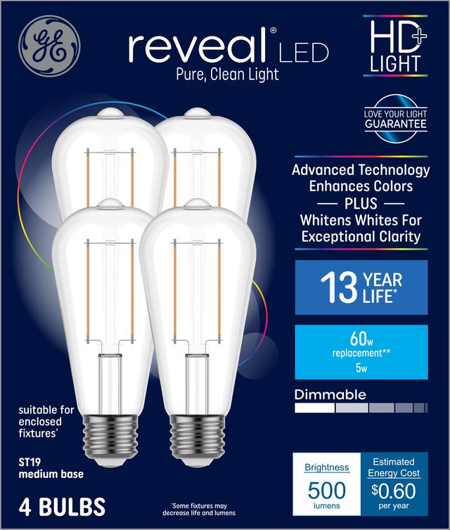 GE Reveal HD LED 60 Watt Replacement Reveal ST19 Edison Bulbs