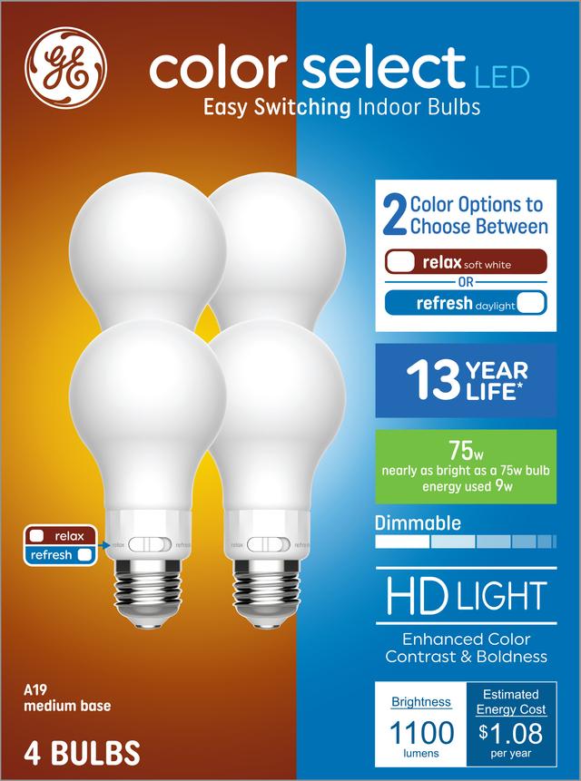 GE Color Select LED 75 Watt Replacement, A19 General Purpose Bulbs (4 Pack)