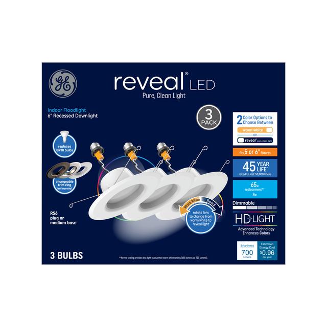 GE Reveal HD+ LED 65 Watt Replacement, Reveal, RS6 Indoor 6-Inch Recessed Downlights (3 Pack)