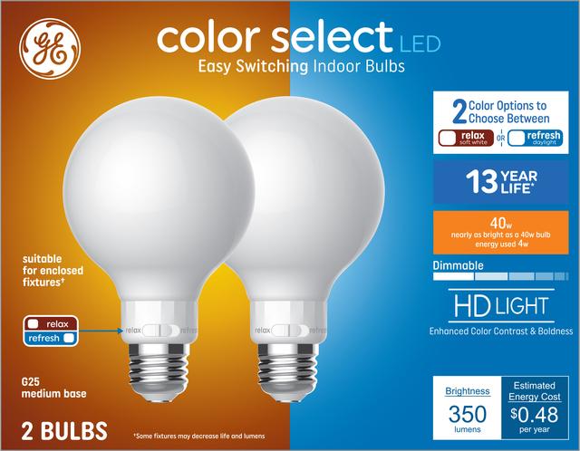 GE Color Select LED 40 Watt Replacement G25 Vanity Globe Bulbs