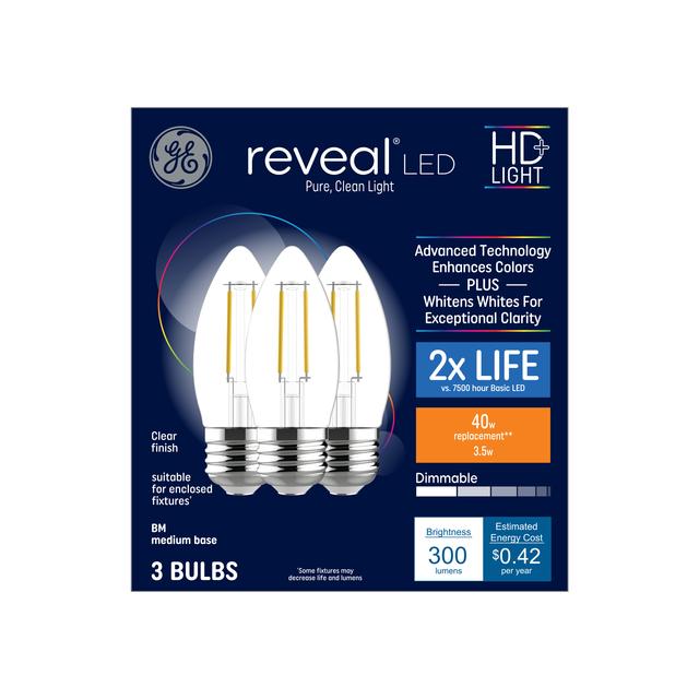 GE Reveal HD+ LED 40 Watt Replacement, Reveal, B11 Deco - Candle Bulbs (3 Pack)