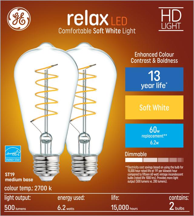 GE Relax HD LED 60 Watt Replacement Soft White ST19 Edison Bulbs