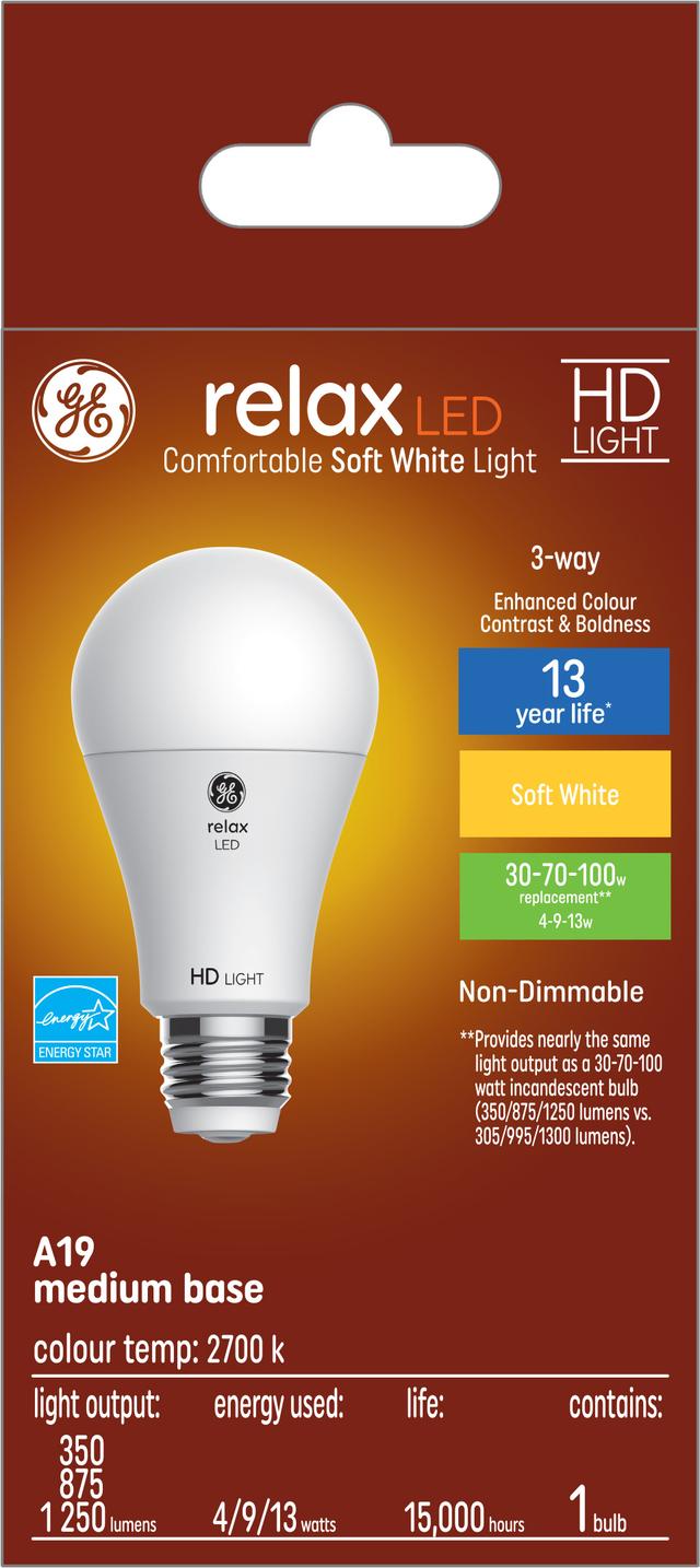 GE Relax HD LED 100 70 30 Watt Replacement Soft White A19 3 Way