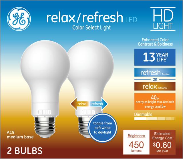 GE Color Select LED 40 Watt Replacement, A19 General Purpose Bulbs (2 Pack)