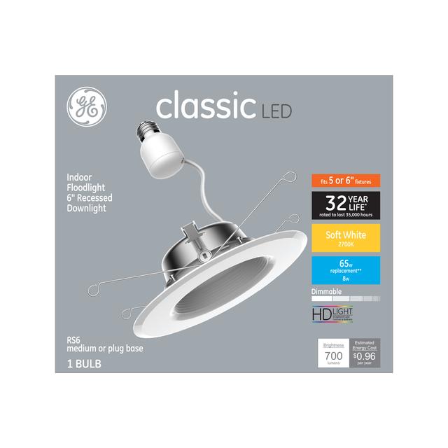 Dispositif de rétroéclairage encastré à LED classique GE, remplacement de 65 watts, blanc doux, 6-Inches, RS6 (lot de 1)