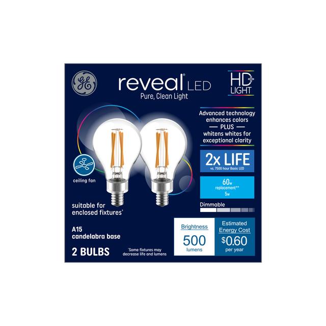 GE Reveal HD+ LED 60 Watt Replacement, Reveal, A15 Ceiling Fan Bulbs (2 Pack)