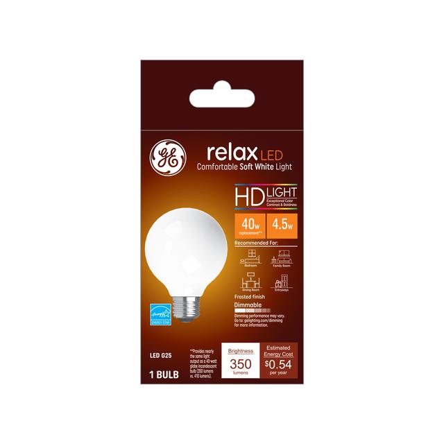 GE Relax HD LED 40 Watt Replacement, Soft White, G25 Vanity - Globe Bulb (1 Pack)