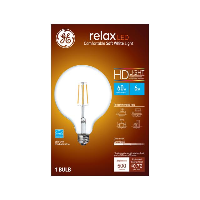 GE Relax HD LED 60 Watt Replacement, Soft White, G40 Deco - Globe Bulb (1 Pack)