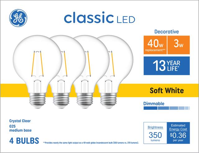 GE Classic LED 40 Watt Replacement, Soft White, G25 Deco - Globe Bulbs ...