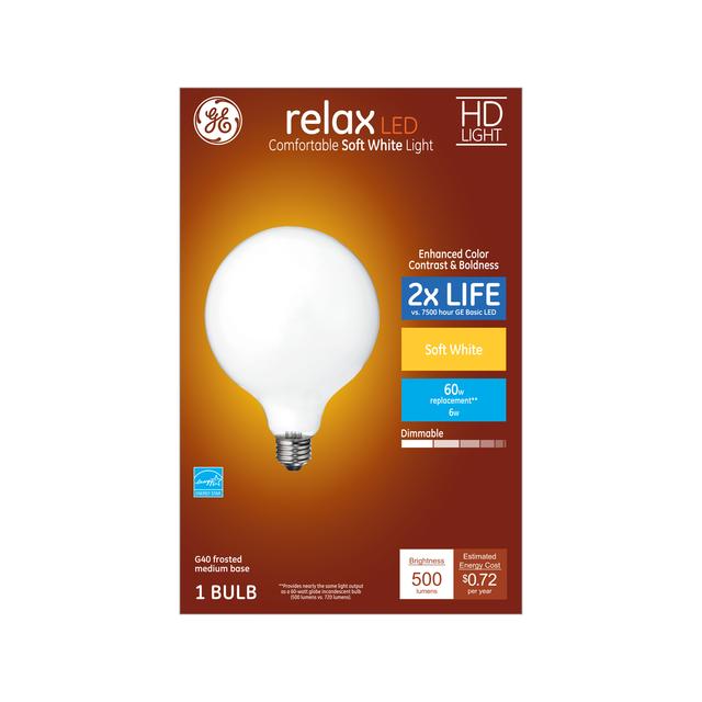 GE Relax HD LED 60 Watt Replacement, Soft White, G40 Vanity - Globe Bulb (1 Pack)