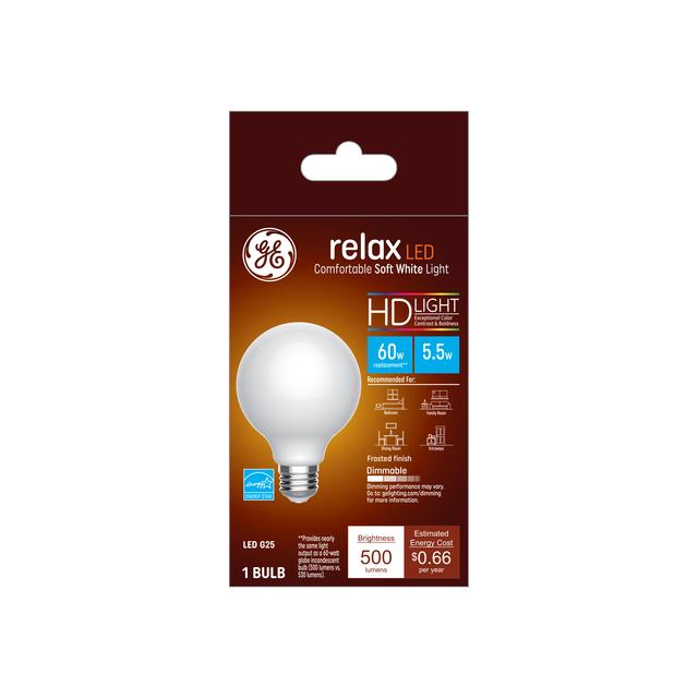 GE Relax HD LED 60 Watt Replacement, Soft White, G25 Vanity - Globe Bulbs (1 Pack)