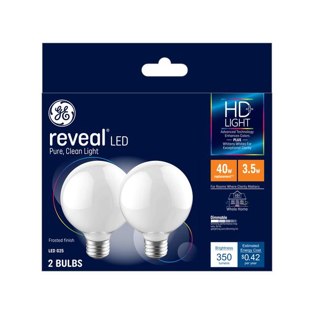 GE Reveal HD+ LED 40 Watt Replacement, Reveal, G25 Vanity - Globe Bulbs (2 Pack)
