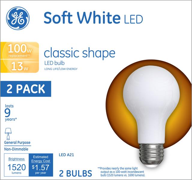 GE Basic LED 100 Watt Replacement, Soft White, A21 General Purpose Bulbs (2 Pack)