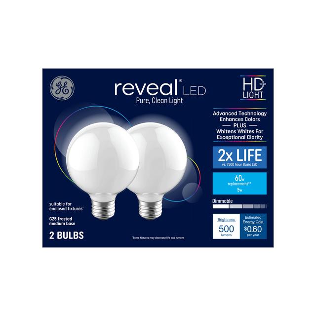 GE Reveal HD+ LED 60 Watt Replacement, Reveal, G25 Vanity - Globe Bulbs ...