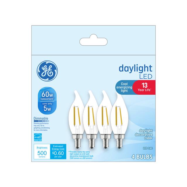 GE Classic LED 60 Watt Replacement, Daylight, CA11 Deco - Candle Bulbs (4 Pack)