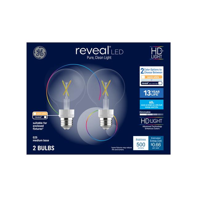 GE Reveal HD+ LED 60 Watt Replacement, Reveal, G25 Vanity - Globe Bulbs (2 Pack)