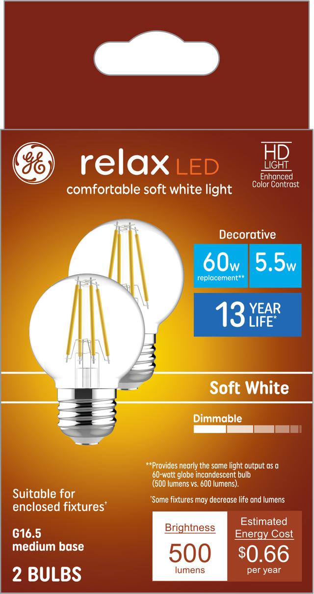 GE Relax HD LED 60 Watt Replacement Soft White G16.5 Deco