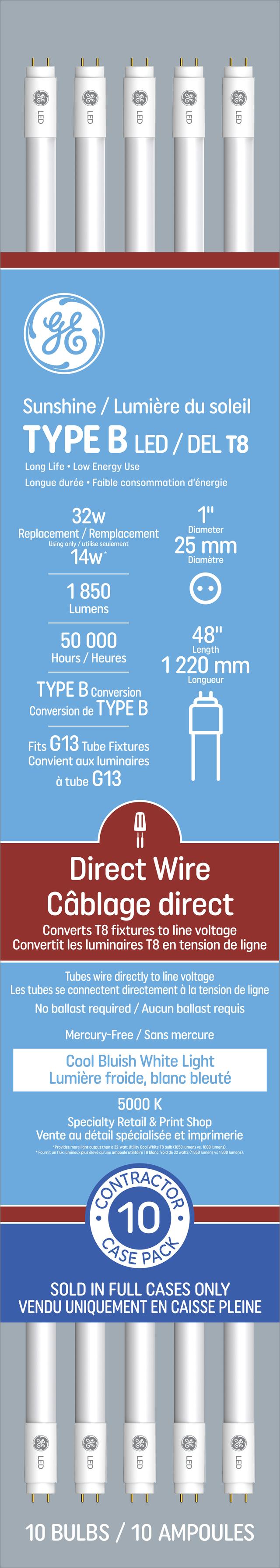 GE LED Direct Wire Sunshine 14 Watt 47.78 Inches T8 G13 Base LED