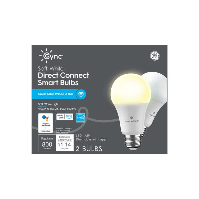 Ampoules GE Cync Direct Connect, blanc doux, A19 ampoule intelligente à DEL avec commande sans fil, 60 remplacement W Alexa et compatible avec Google Home, aucun concentrateur requis, paquet de 2 (l’emballage peut varier)