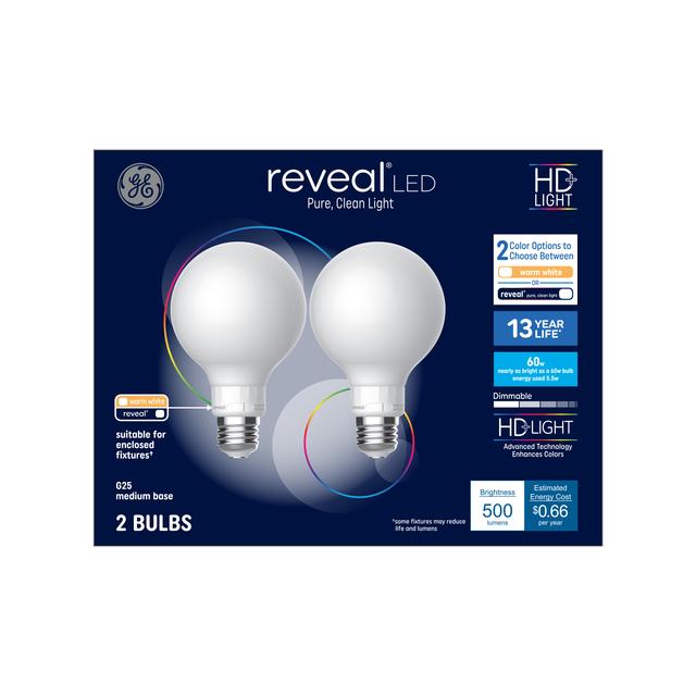 GE Reveal HD+ LED 60 Watt Replacement, Reveal, G25 Vanity - Globe Bulbs (2 Pack)