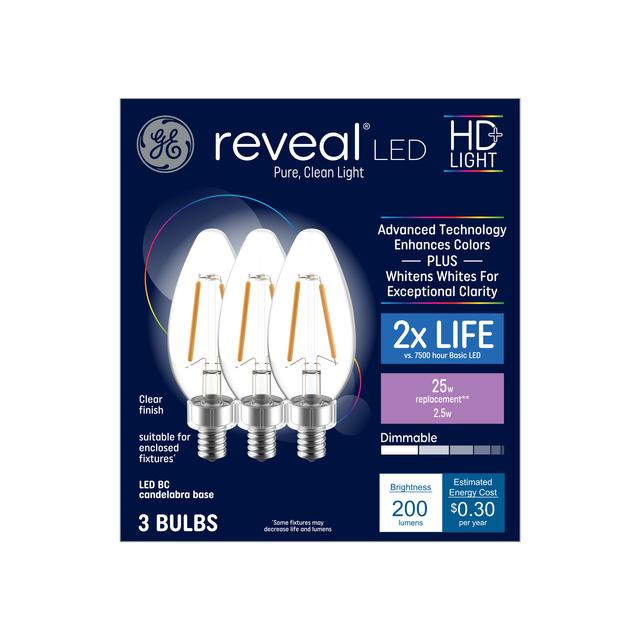 GE Reveal HD+ LED 25 Watt Replacement, Reveal, B11 Deco - Candle Bulbs (3 Pack)