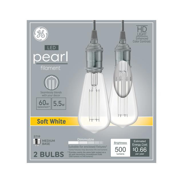 GE White Filament ST19 LED Light Bulbs, Edison Style Bulbs, 60 Watt Replacement, Soft White (2 Pack)