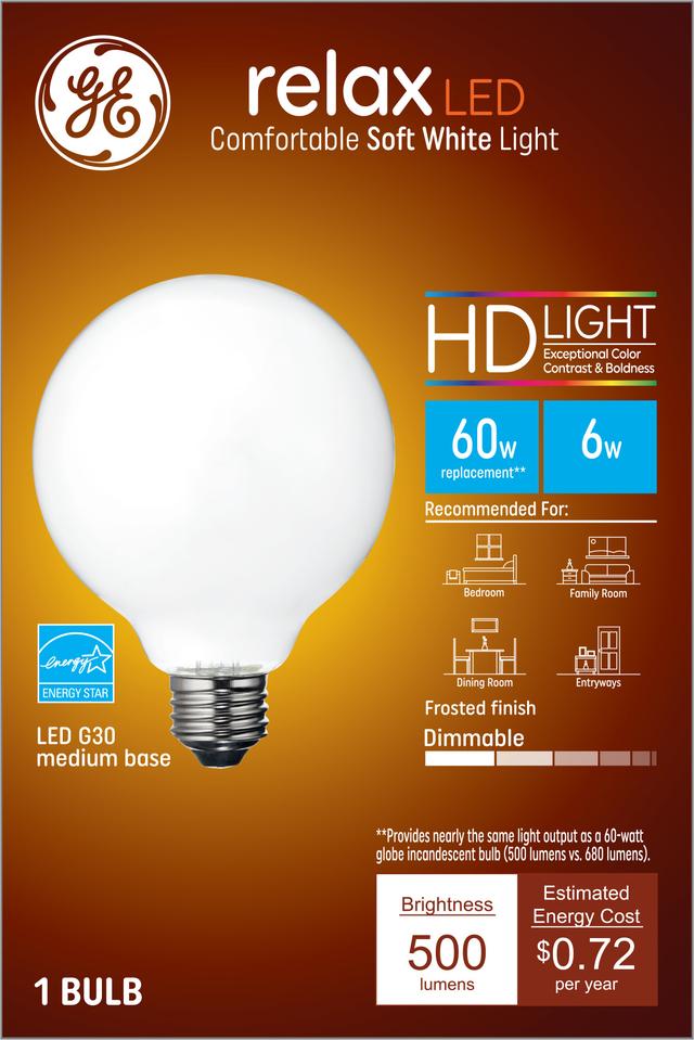 GE Relax HD LED 60 Watt Replacement, Soft White, G30 Deco - Globe Bulb (1 Pack)