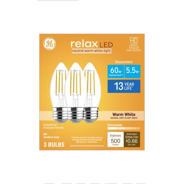 GE Relax HD LED 60 Watt Replacement, Warm White, B11 Deco - Candle Bulbs (3 Pack)