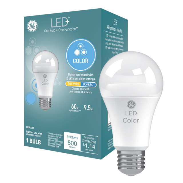 GE LED+ Color Changing LED Light Bulb, A19 Color Décor Light, Soft White and Daylight