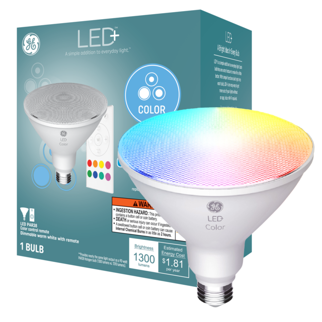 GE LED+ Color Changing LED  Light Bulb, PAR38 Outdoor Floodlight Color Décor Light with Remote Control