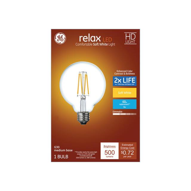 Ampoule LED GE Relax HD G30, lampe à bille Vanity, 60 watts de rechange, blanc doux