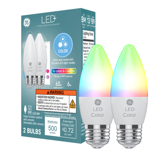 GE LED+ Color Changing LED Light Bulb, Decorative Color Lights with Remote Control, Medium Base (2 Pack)