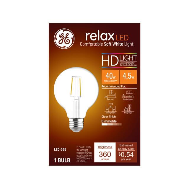 Ampoule LED GE Relax HD G25, lampe à bille Vanity, 40 watts de rechange, blanc doux