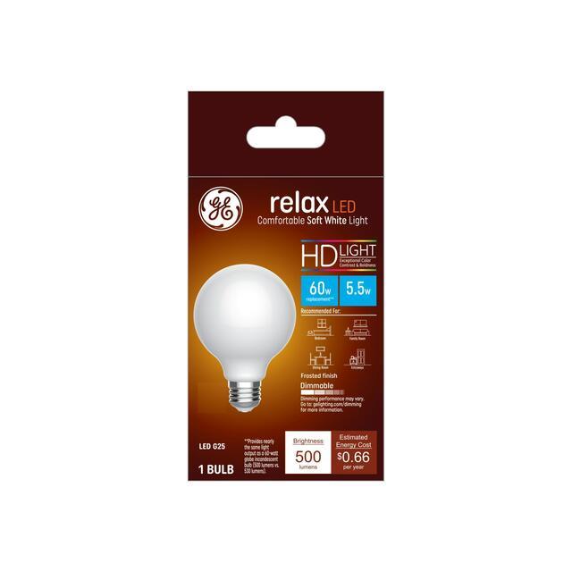 Ampoule LED GE Relax HD G25, lampe à bille Vanity, 60 watts de rechange, blanc doux