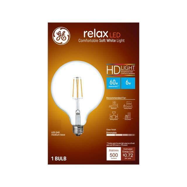 Ampoule LED GE Relax HD G40, lampe à bille Vanity, 60 watts de rechange, blanc doux