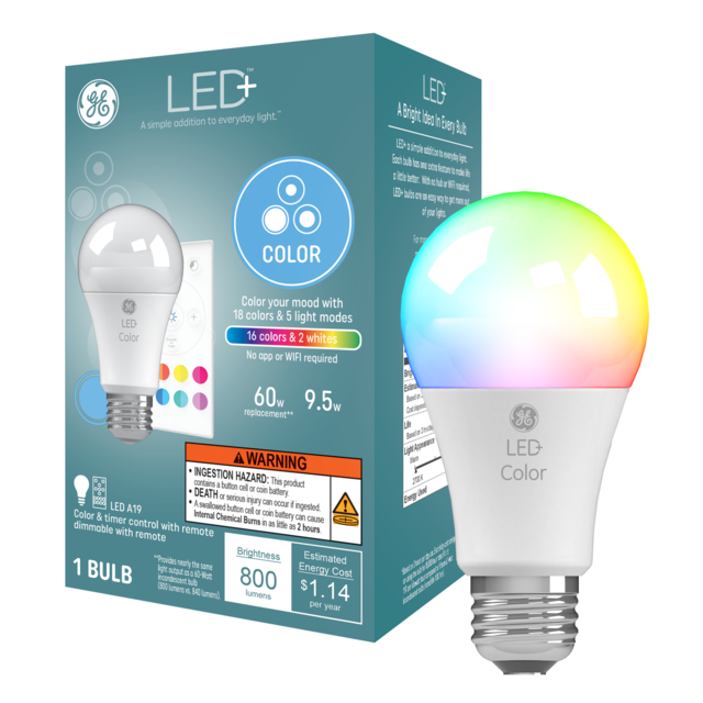 GE LED+ Color Changing LED Light Bulb, A19 Color Décor Light with Remote Control