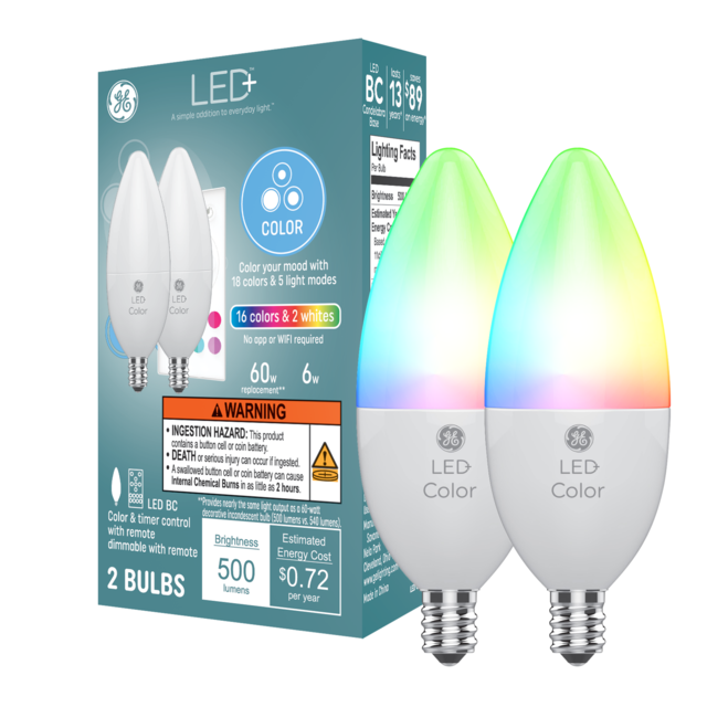 GE LED+ Color Changing LED Light Bulb, Decorative Color Lights with Remote Control, Small Candelabra Base (2 Pack)