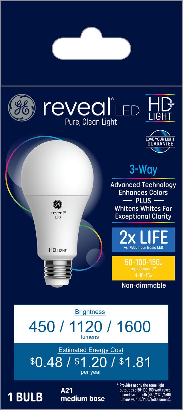 GE Reveal HD+ LED 150/100/50 Watt Replacement, Reveal, A21 3-Way Bulb ...