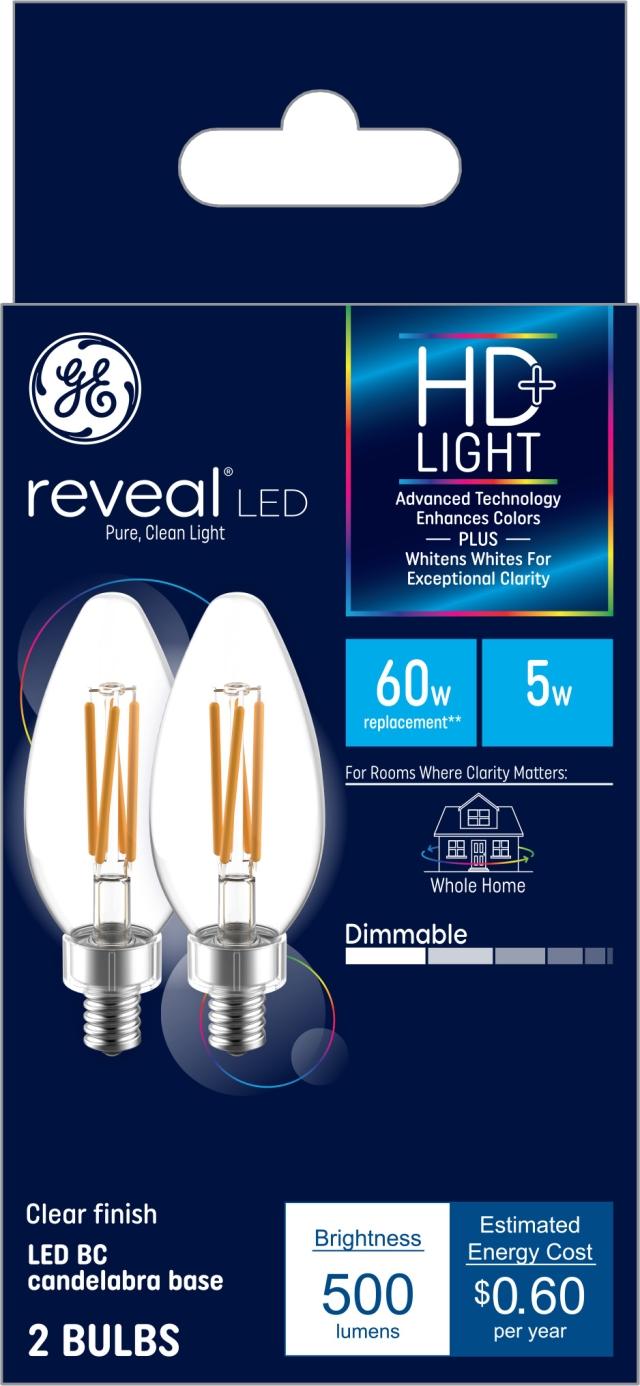 GE Reveal HD+ Color-Enhancing 60W Replacement LED Chandelier Light Bulbs, 2-Pack, Clear, Blunt Tip, Candelabra Base LED E12 BC